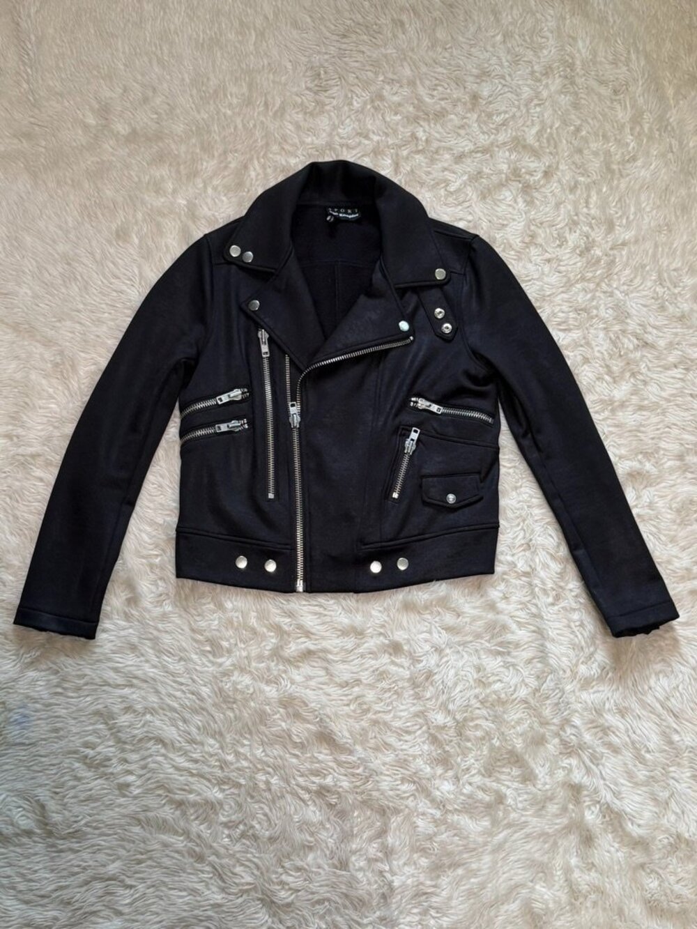 The Kooples Sport Black Moto Jacket Coated Stretch Knit - Size Medium